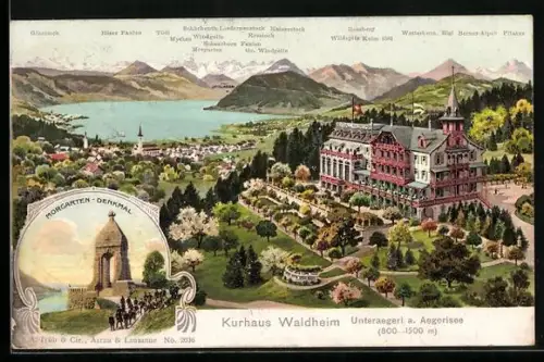 AK Unteraegeri, Hotel Kurhaus Waldheim mit Aegerisee, Morgarten-Denkmal, Alpenpanorama mit Glärnisch u. Kaiserstock