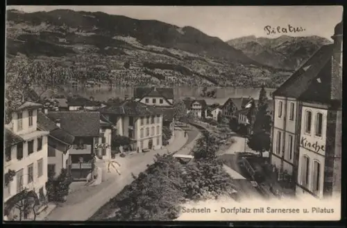 AK Sachseln, Dorfplatz mit Sarnersee u. Pilatus