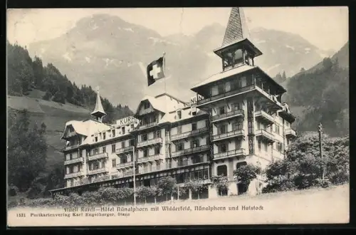 AK Flühli-Ranft, Hotel Nünalphorn mit Widderfeld, Nünalphorn und Hutstock