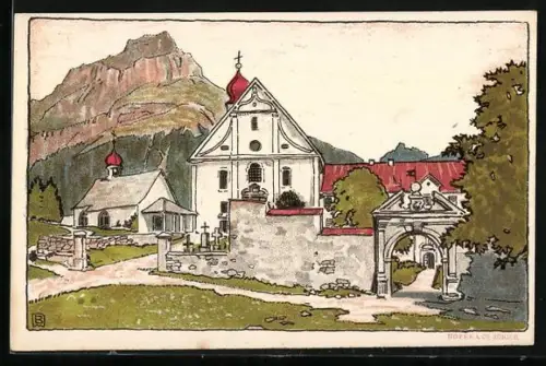 Künstler-AK Engelberg, Kloster mit Hahnen, Friedhof