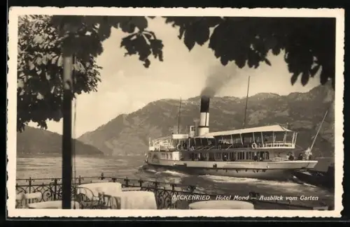 AK Beckenried, Hotel Mond, Ausblick vom Garten mit Dampfer