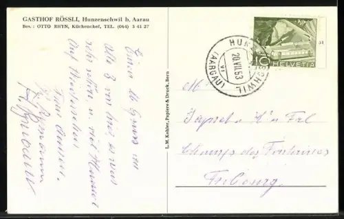 AK Hunzenschwil b. Aarau, Gasthof Rössli von Otto Rhyn