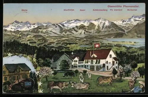 AK Pfannenstiel, Gasthaus Okenshöhe und Alpenpanorama