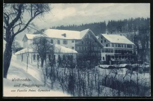 AK Gyrenbad, Aussenansicht des Hotels, Inh. Familie Peter, Winteransicht, Weihnachts- u. Neujahrsgruss