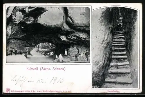 AK Bad Schandau, Kuhstall in der Sächsischen Schweiz, Spaziergänger vor der Felsformation und Himmelsleiter