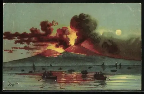 Künstler-AK Napoli, Vesuvio in eruzione, Vulkanausbruch, Ruderboote