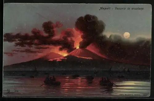 Künstler-AK Napoli, Vesuvio in eruzione, Vulkanausbruch, Ruderboote