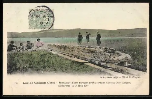 AK Lac de Châlain /Jura, Transport d`une piroque préhistorique, époque Néolithique