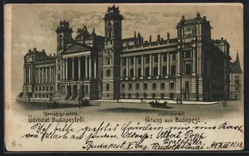 Lithographie Budapest, Justizpalast mit Turmgebäude