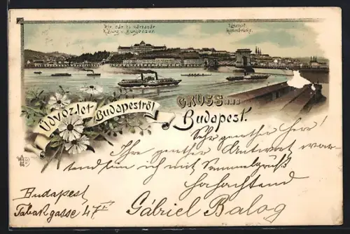 Lithographie Budapest, K. Burg und Burg-Bazar mit Kettenbrücke, Panorama