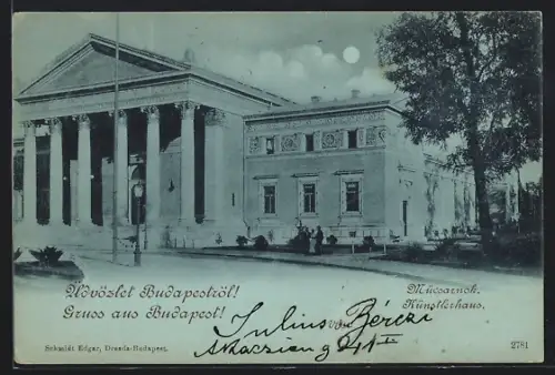 Mondschein-AK Budapest, Künstlerhaus mit Strasse