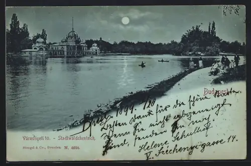 Mondschein-AK Budapest, Stadtwäldchenteich mit Kuppelgebäude