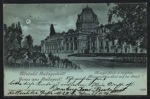 Mondschein-AK Budapest, Margarethen-Bad auf der Insel