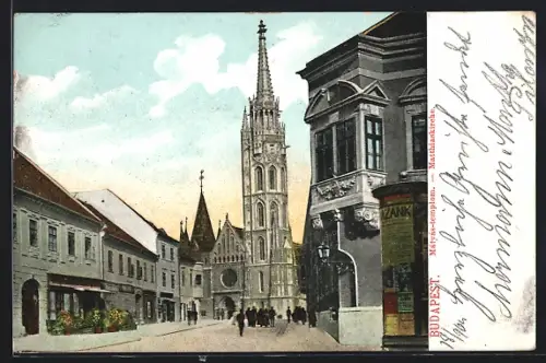AK Budapest, Matthiaskirche mit Strasse