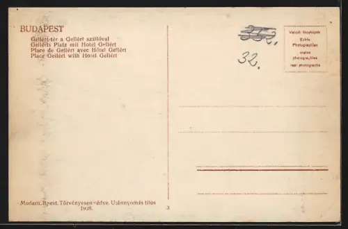 AK Budapest, Gellertsplatz mit Hotel Gellert