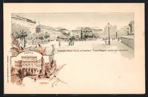 Lithographie Budapest, Franz-Josef-Platz mit Akademie, Akademie-Gebäude