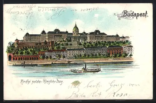 Lithographie Budapest, Königliche Burg vom Wasser aus, Dampfer