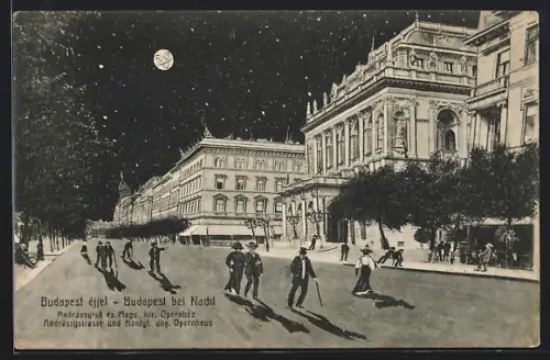AK Budapest, Andrassystrasse und Opernhaus, Budapest bei Nacht, Fussgänger, Mond