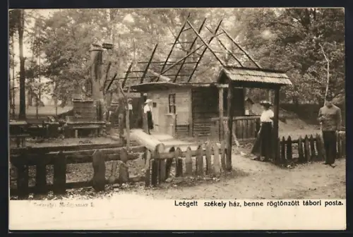 AK Budapest, Joszef föheceg erdelyi hadikiallitasa, Leegett szekely haz, benne rögtönzött tabori posta