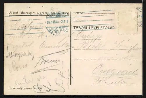 AK Budapest, Joszef föheceg erdelyi hadikiallitasa, Leegett szekely haz, benne rögtönzött tabori posta