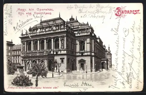 Lithographie Budapest, Königlich Ungarisches Opernhaus mir Strasse