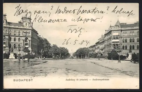 AK Budapest, Andrassystrasse, Panorama mit Blick auf Säule