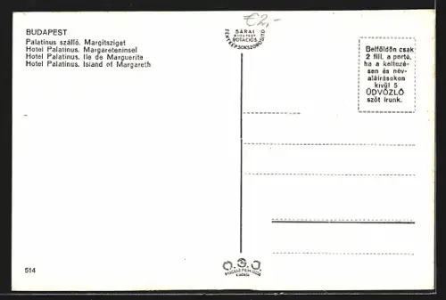 AK Budapest, Margareteninsel, Hotel Palatinus