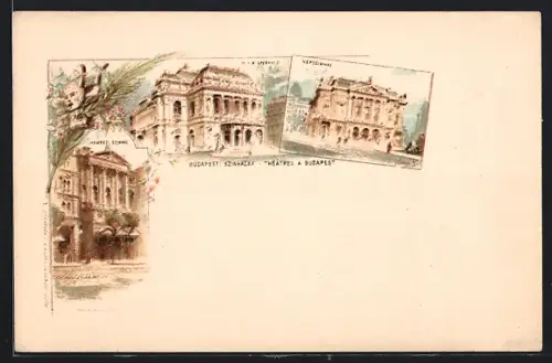 Lithographie Budapest, Theatres, Nemzeti Szinhaz, Nepszinhaz