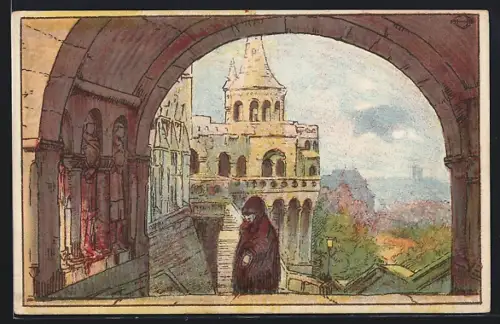 Künstler-AK Budapest, Resztelek a Halasz-bastyarol Keszültek az Kir. Iparmüveszeti Iskolaban