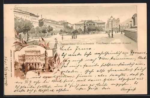 Lithographie Budapest, Place Francois-Joseph avec l`Academie, Akademia
