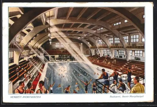 Künstler-AK Budapest, Szent-Margitsziget, Menzeti Sportuszoda