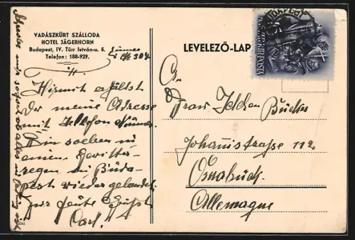 AK Budapest, Hotel Jägerhorn, Türr István-u. 5