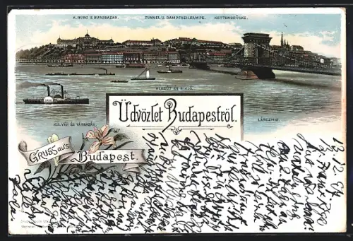 Lithographie Budapest, Kettenbrücke, K. Burg und Burgbazar, Tunnel und Dampfseilrampe
