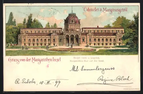 Lithographie Budapest, Margarethen Insel, Margarethen-Bad auf der Insel