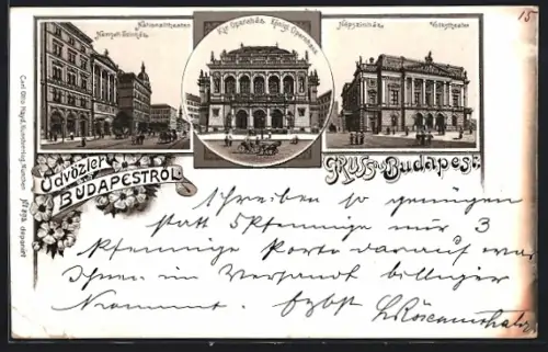 Lithographie Budapest, Königliches Opernhaus, Volkstheater, Nationaltheater