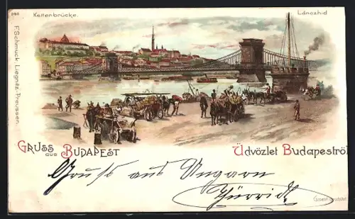 Lithographie Budapest, Blick auf die Kettenbrücke