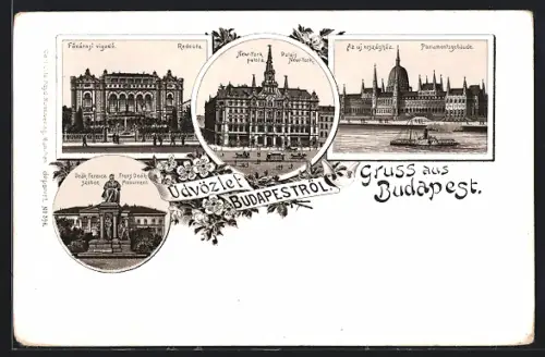 Lithographie Budapest, Parlamentsgebaude, Palais New York, Redoute, Franz Déak Monument