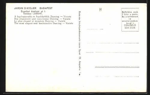 AK Budapest, Jardin d`Atelier, Erzsébet királyné ut. 1