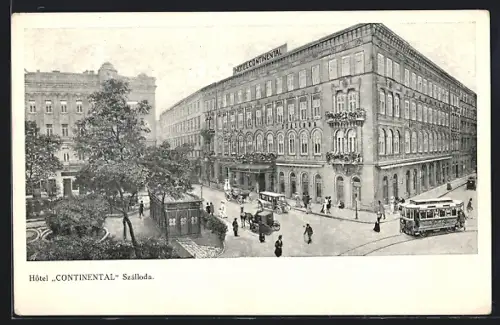 AK Budapest, Hotel Continental Szálloda, Strassenbahn