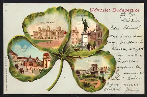 Lithographie Budapest, Petöfi-Szobor, Deak-ter, Igazságügyi Palota, Budai Lánczhidfó