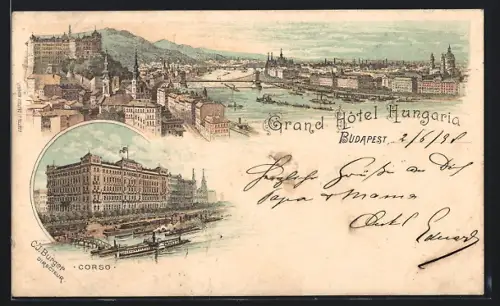 Lithographie Budapest, Grand Hotel Hungaria, Corso, Gesamtansicht, Dampfer