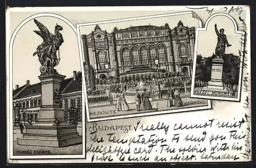 Lithographie Budapest, Petöfi-Monument, Redoute, Honvéd Szobor