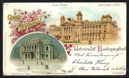 Lithographie Budapest, Justiz-Palast, Königliche Oper