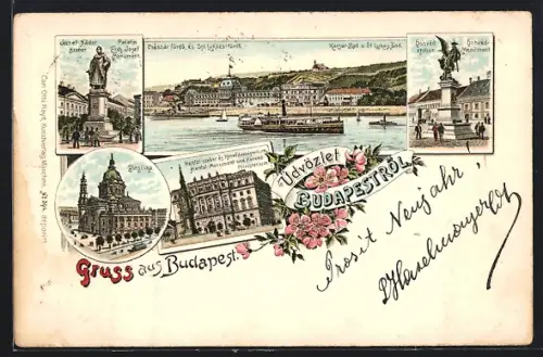 Lithographie Budapest, Kaiser-Bad und St. Lukas-Bad, Honvéd-Monument, Basilika, Dampfer