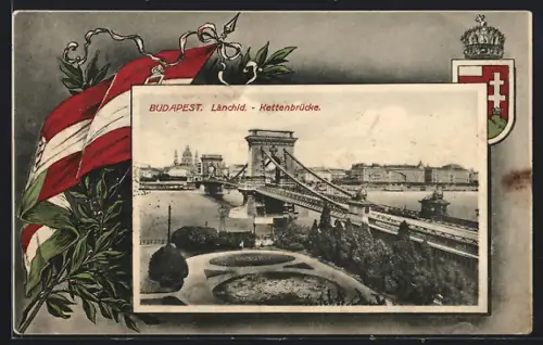 AK Budapest, Kettenbrücke, ungarisches Wappen und Fahne