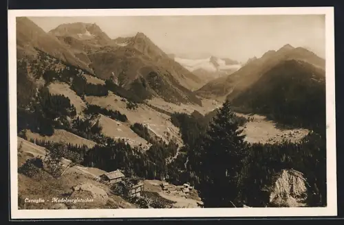 AK Curaglia, Ortsansicht aus der Vogelschau, mit Medelsergletscher