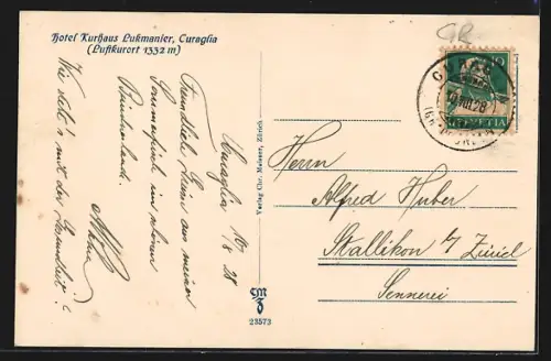 AK Curaglia, Ortsansicht aus der Vogelschau, mit Medelsergletscher