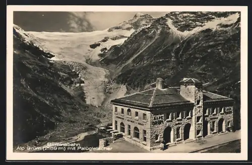 AK Alp Grüm, Bahnhof der Berninabahn mit Palügletscher