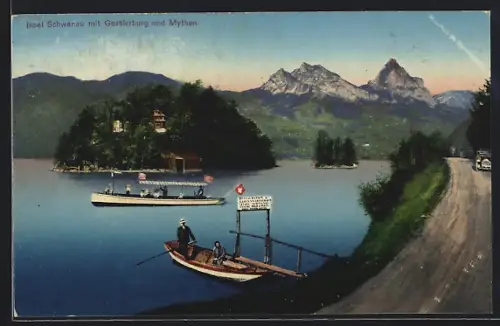 AK Schwanau, Insel Schwanau mit Gesslerburg und Mythen, Bereisungsboot mit Urlaubern