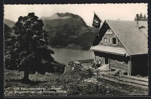 AK Innerthal, Naturfreundenhütte Hohfläsch mit Wäggithalersee und Fluhberg